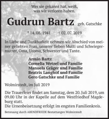 Traueranzeige von Gudrun Bartz (geb. Gatschke)  von Magdeburger Volksstimme