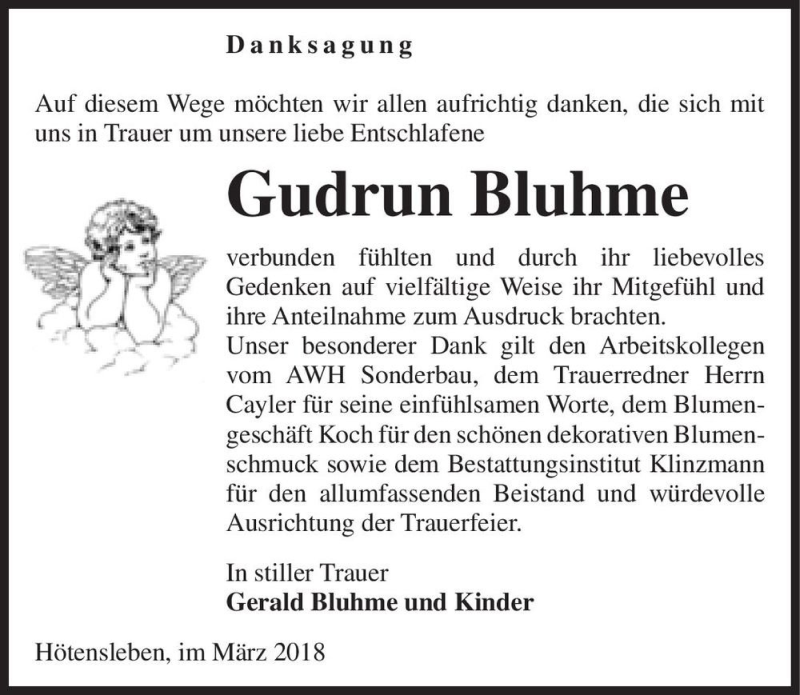  Traueranzeige für Gudrun Bluhme  vom 27.03.2018 aus Magdeburger Volksstimme
