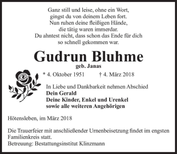 Traueranzeige von Gudrun Bluhme (geb. Janas)  von Magdeburger Volksstimme