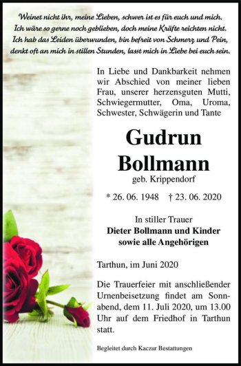 Traueranzeige von Gudrun Bollmann (geb. Krippendorf)  von Magdeburger Volksstimme