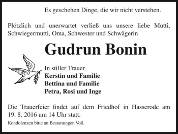 Traueranzeige von Gudrun Bonin  von Magdeburger Volksstimme