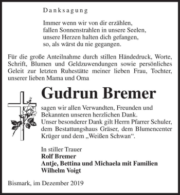 Traueranzeige von Gudrun Bremer  von Magdeburger Volksstimme