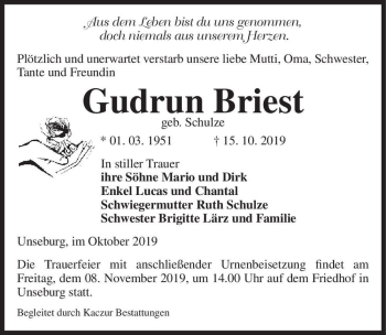 Traueranzeige von Gudrun Briest (geb. Schulze)  von Magdeburger Volksstimme