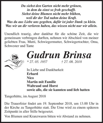 Traueranzeige von Gudrun Brinsa  von Magdeburger Volksstimme