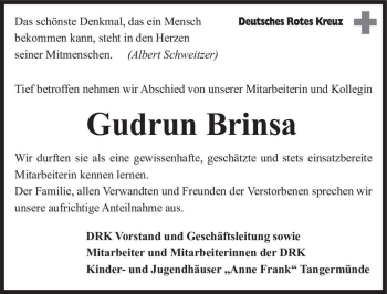 Traueranzeige von Gudrun Brinsa  von Magdeburger Volksstimme