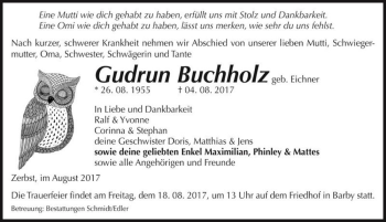 Traueranzeige von Gudrun Buchholz (geb. Eichner)  von Magdeburger Volksstimme
