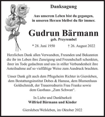 Traueranzeige von Gudrun Bärmann (geb. Przyrembel)  von Magdeburger Volksstimme
