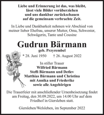 Traueranzeige von Gudrun Bärmann (geb. Przyrembel)  von Magdeburger Volksstimme