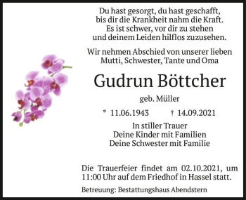 Traueranzeige von Gudrun Böttcher (geb. Müller)  von Magdeburger Volksstimme