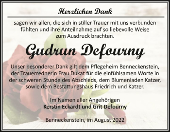 Traueranzeige von Gudrun Defourny  von Magdeburger Volksstimme