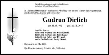 Traueranzeige von Gudrun Dirlich  von Magdeburger Volksstimme