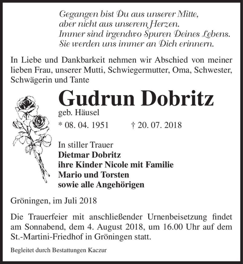  Traueranzeige für Gudrun Dobritz (geb. Häusel)  vom 30.07.2018 aus Magdeburger Volksstimme