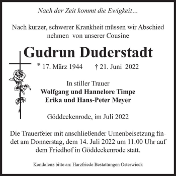 Traueranzeige von Gudrun Duderstadt  von Magdeburger Volksstimme