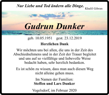 Traueranzeige von Gudrun Dunker  von Magdeburger Volksstimme