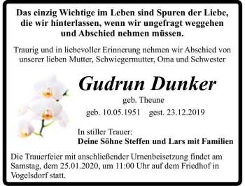 Traueranzeige von Gudrun Dunker (geb. Theune)  von Magdeburger Volksstimme