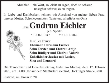 Traueranzeige von Gudrun Eichler (geb. Spörke)  von Magdeburger Volksstimme