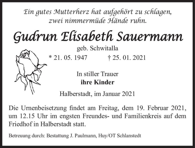  Traueranzeige für Gudrun Elisabeth Sauermann (geb. Schwitalla)  vom 30.01.2021 aus Magdeburger Volksstimme