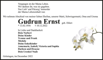 Traueranzeige von Gudrun Ernst (geb. Ehlert)  von Magdeburger Volksstimme