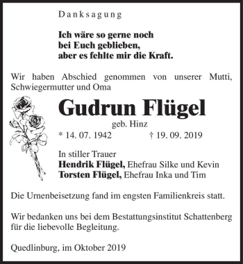 Traueranzeige von Gudrun Flügel (geb. Hinz)  von Magdeburger Volksstimme