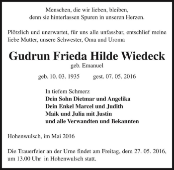 Traueranzeige von Gudrun Frieda Hilde Wiedeck (geb. Emanuel)  von Magdeburger Volksstimme