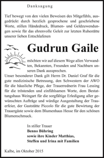 Traueranzeige von Gudrun Gaile  von Magdeburger Volksstimme
