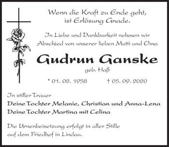 Traueranzeige von Gudrun Ganske (geb. Haß)  von Magdeburger Volksstimme