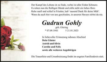Traueranzeige von Gudrun Gohly (geb. Giering)  von Magdeburger Volksstimme