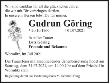 Traueranzeige von Gudrun Göring  von Magdeburger Volksstimme