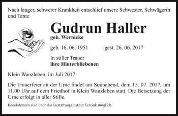 Traueranzeige von Gudrun Haller (geb. Wernicke)  von Magdeburger Volksstimme
