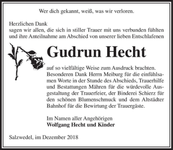 Traueranzeige von Gudrun Hecht  von Magdeburger Volksstimme
