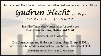 Traueranzeige von Gudrun Hecht (geb. Pieper)  von Magdeburger Volksstimme