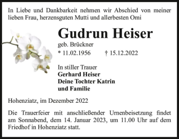 Traueranzeige von Gudrun Heiser (geb. Brückner)  von Magdeburger Volksstimme