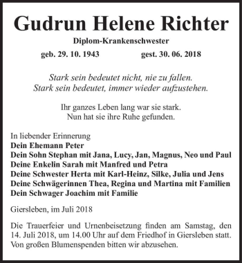Traueranzeige von Gudrun Helene Richter  von Magdeburger Volksstimme
