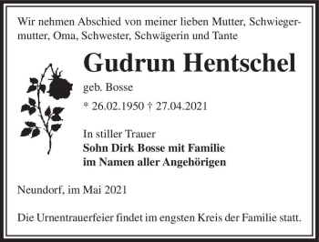 Traueranzeige von Gudrun Hentschel (geb. Bosse)  von Magdeburger Volksstimme
