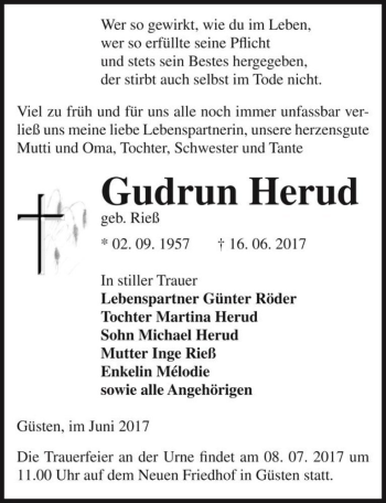 Traueranzeige von Gudrun Herud (geb. Rieß)  von Magdeburger Volksstimme