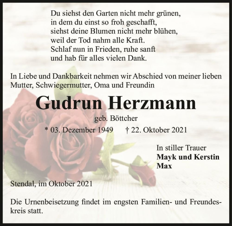  Traueranzeige für Gudrun Herzmann (geb. Böttcher)  vom 30.10.2021 aus Magdeburger Volksstimme