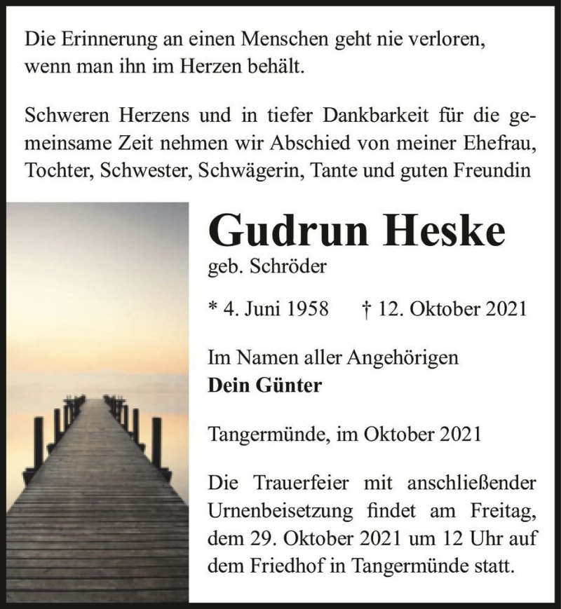  Traueranzeige für Gudrun Heske (geb. Schröder)  vom 22.10.2021 aus Magdeburger Volksstimme
