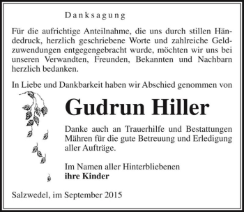 Traueranzeige von Gudrun Hiller  von Magdeburger Volksstimme