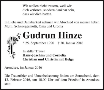 Traueranzeige von Gudrun Hinze  von Magdeburger Volksstimme