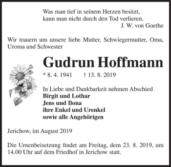 Traueranzeige von Gudrun Hoffmann  von Magdeburger Volksstimme