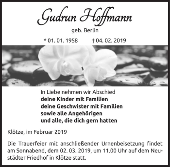 Traueranzeige von Gudrun Hoffmann (geb. Berlin)  von Magdeburger Volksstimme