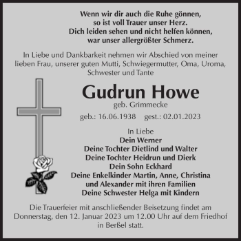 Traueranzeige von Gudrun Howe (geb. Grimmecke)  von Magdeburger Volksstimme