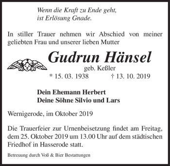 Traueranzeige von Gudrun Hänsel (geb. Keßler)  von Magdeburger Volksstimme