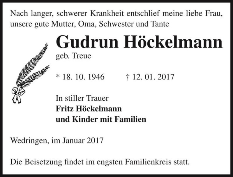  Traueranzeige für Gudrun Höckelmann (geb. Treue)  vom 18.01.2017 aus Magdeburger Volksstimme