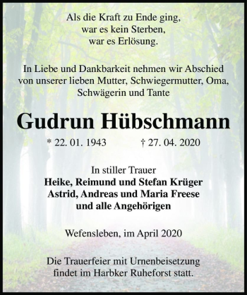 Traueranzeige von Gudrun Hübschmann  von Magdeburger Volksstimme