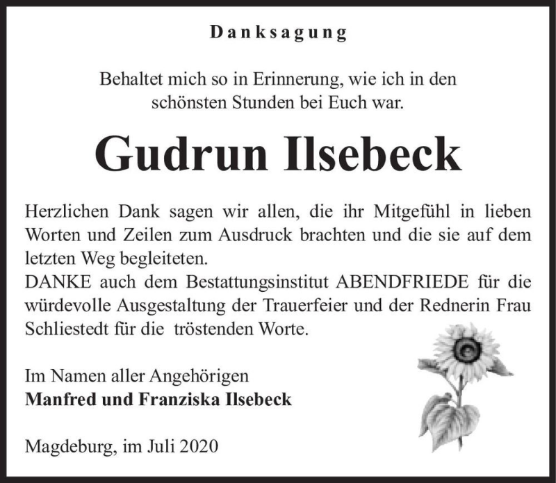  Traueranzeige für Gudrun Ilsebeck  vom 01.08.2020 aus Magdeburger Volksstimme