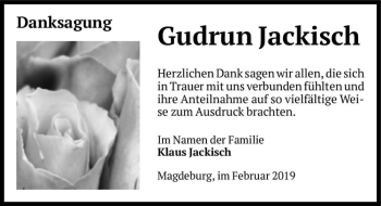 Traueranzeige von Gudrun Jackisch  von Magdeburger Volksstimme