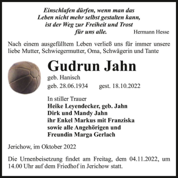 Traueranzeige von Gudrun Jahn (geb. Hanisch)  von Magdeburger Volksstimme