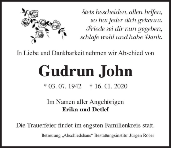 Traueranzeige von Gudrun John  von Magdeburger Volksstimme
