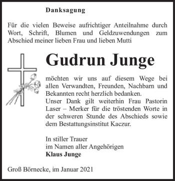 Traueranzeige von Gudrun Junge  von Magdeburger Volksstimme